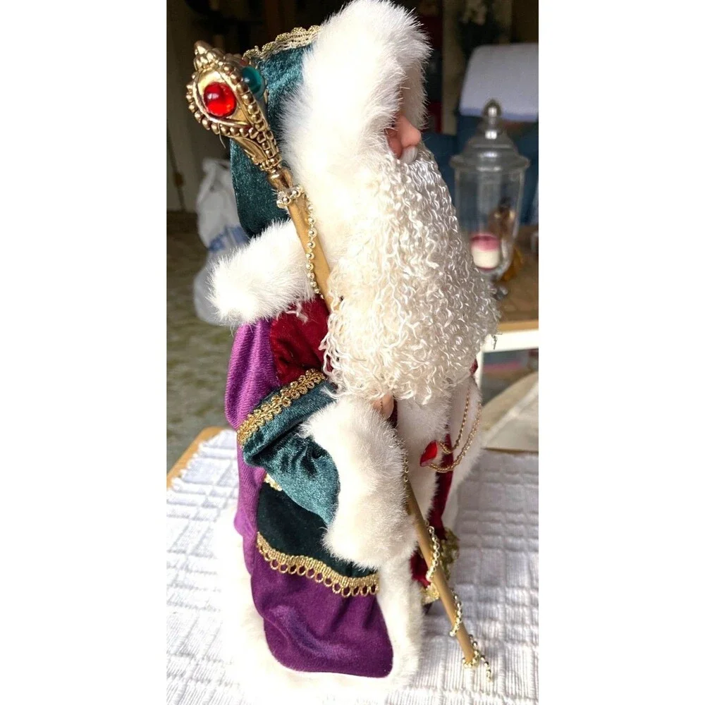 RARE Pier 1 Santa Figure W/Staff In Red & Purple Velvet Robe W/Gold Accents
